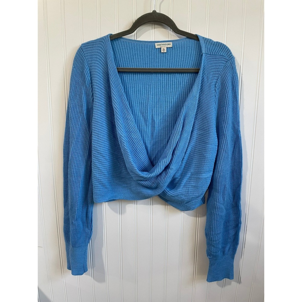 Earthbound Trading Co Sweater Womens XL‎ Blue Twist Front Cropped Ribbed Knit